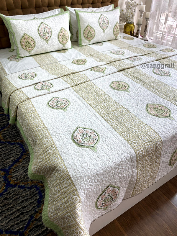 Light Green Floral Bedsheet and Matching Quilted Bedcover