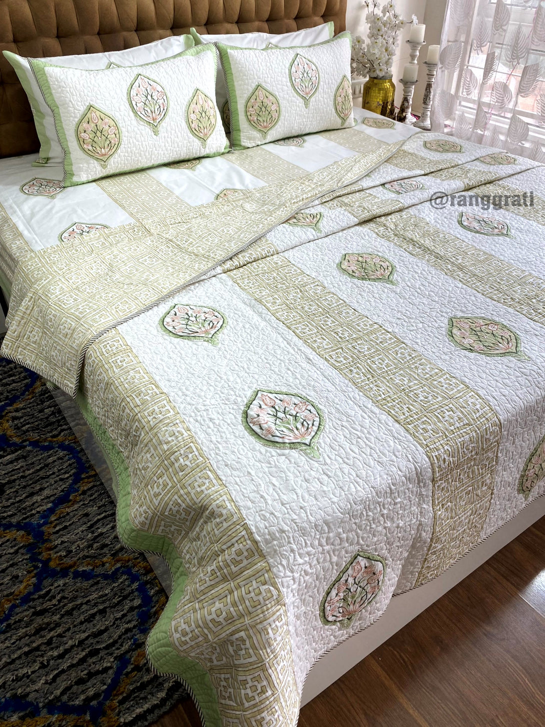 Floral Light Green Bedsheet Set with Reversible Quilted Cover