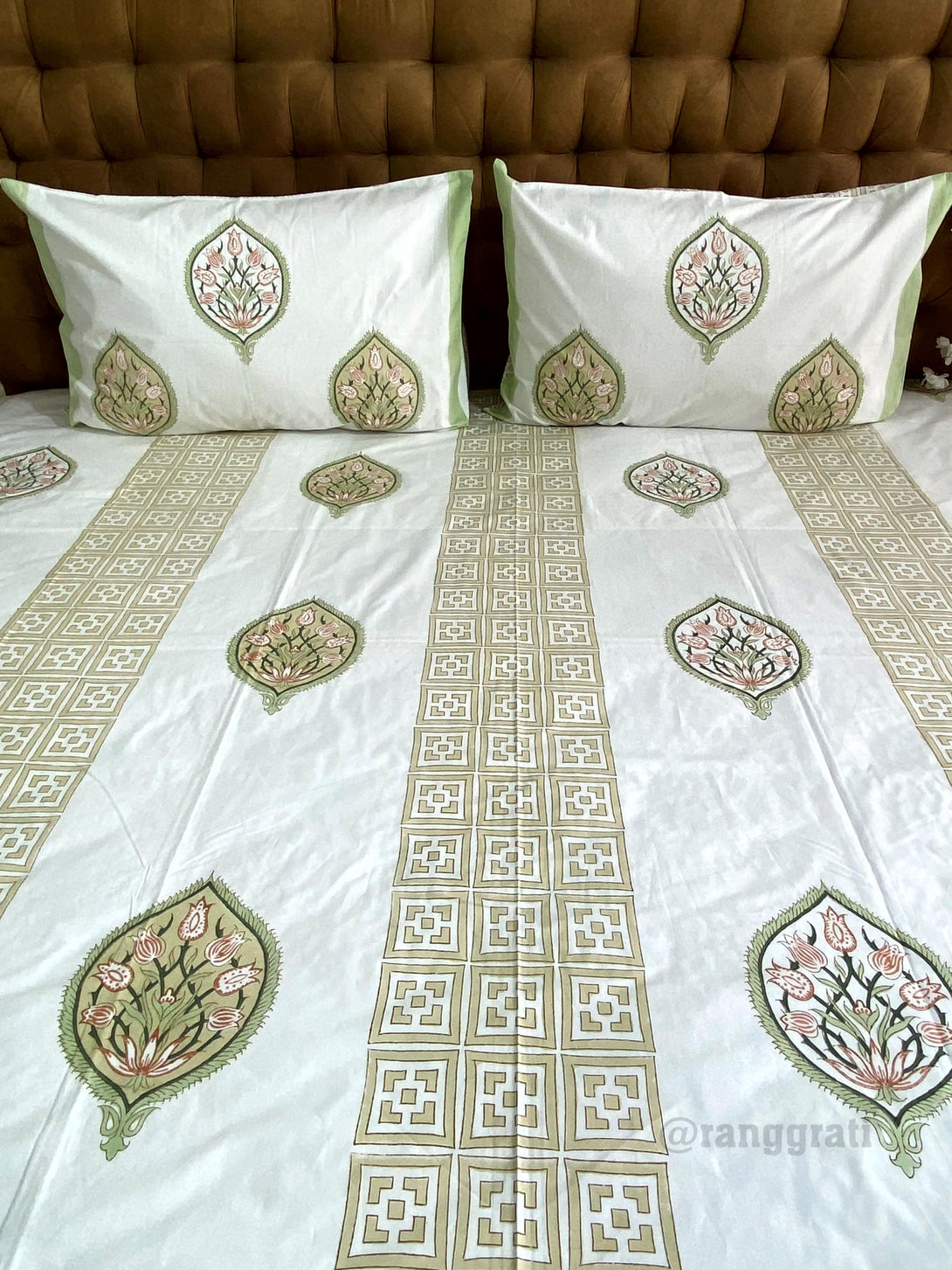 Elegant Light Green Floral Sheet and Quilted Bedcover Set