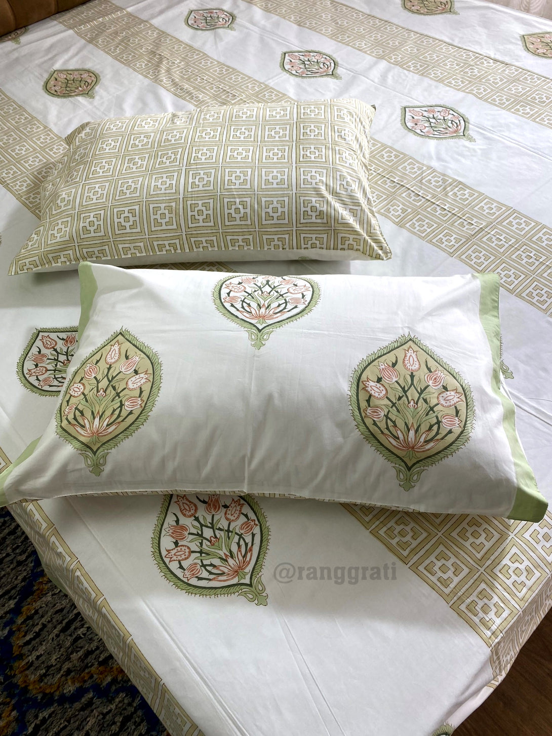 Light Green Floral Printed Bedsheet with Quilted Bedcover