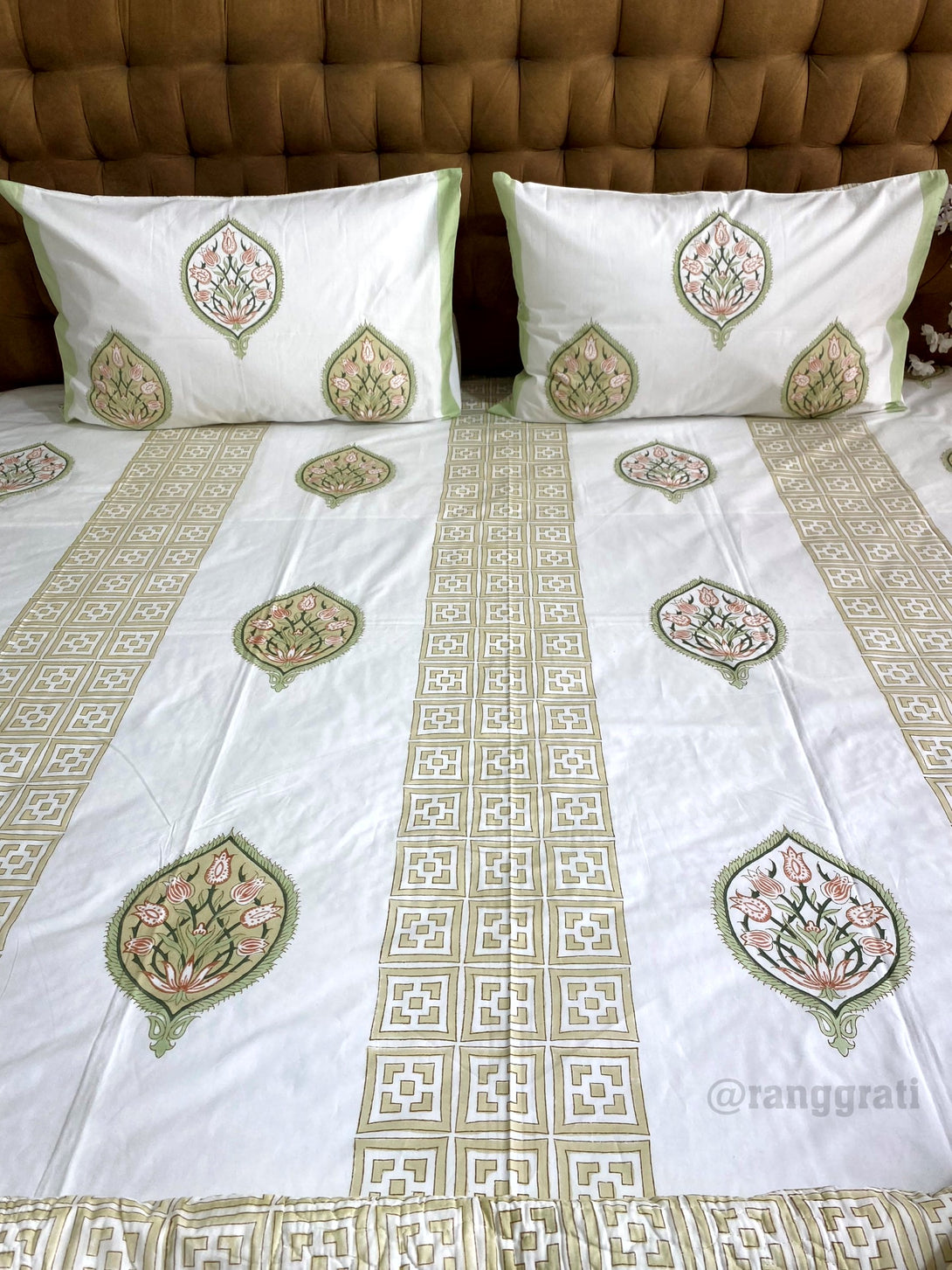 Soft Light Green Floral Bedsheet with Coordinated Quilted Bedcover Set