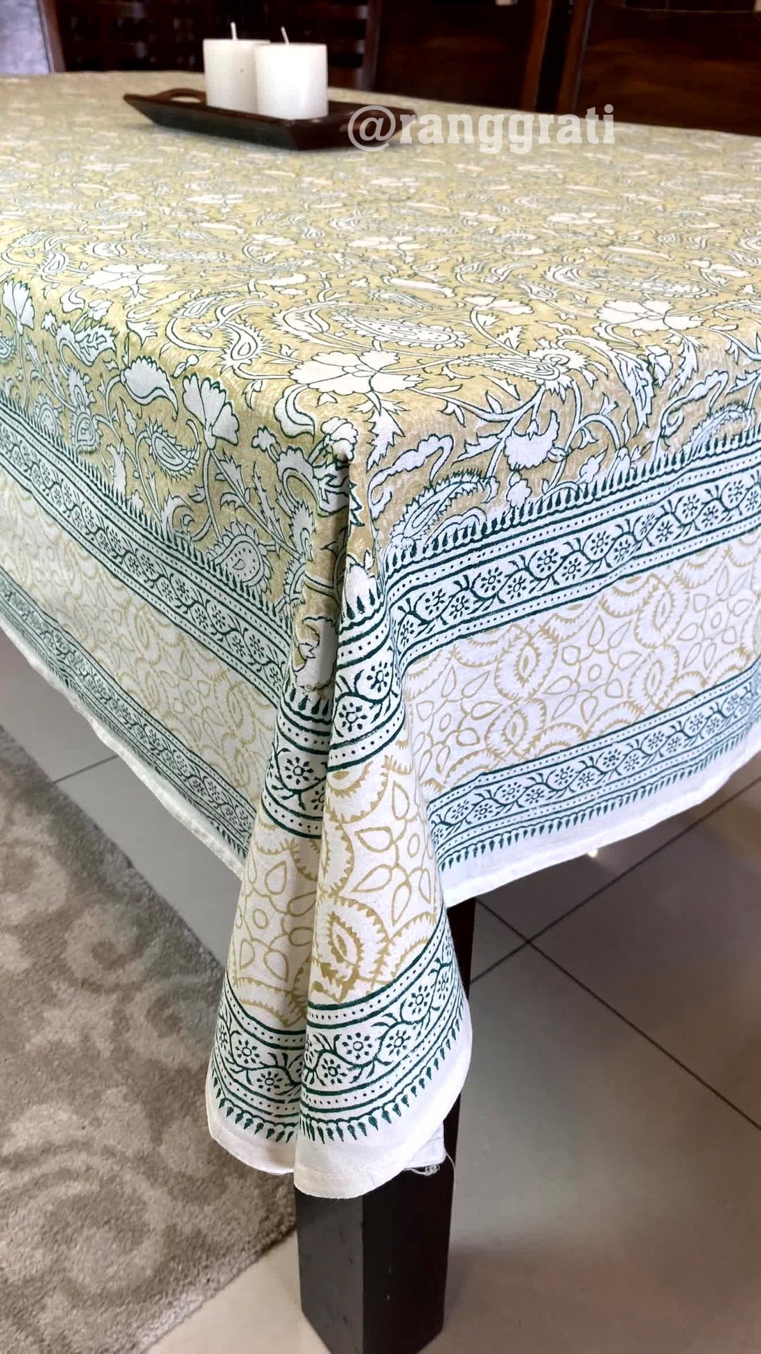 Light Green Floral Table Cover Cloth 6 Seater Dining Table Rectangular - Table Cover