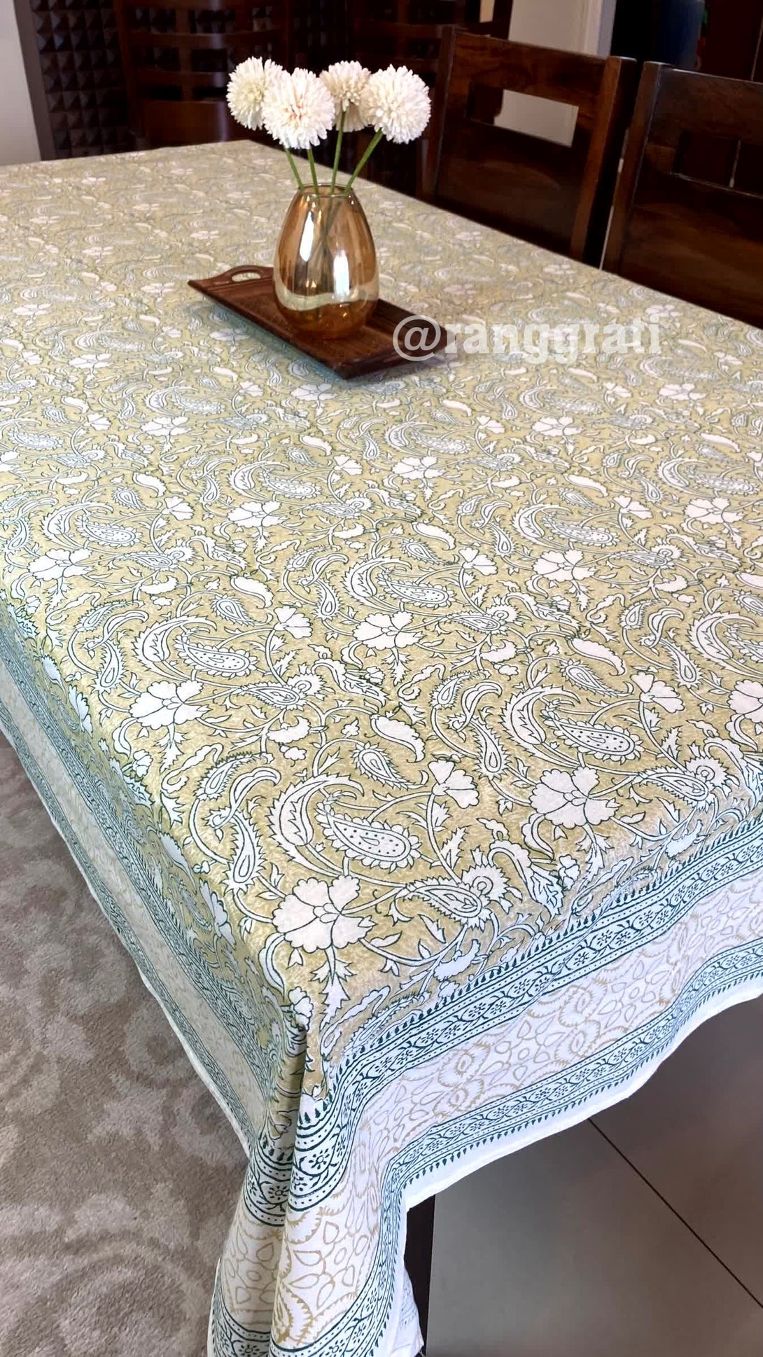 Light Green Floral Table Cover Cloth 6 Seater Dining Table Rectangular - Table Cover