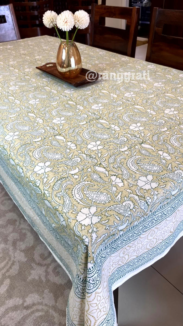 Light Green Floral Table Cover Cloth 6 Seater Dining Table Rectangular - Table Cover