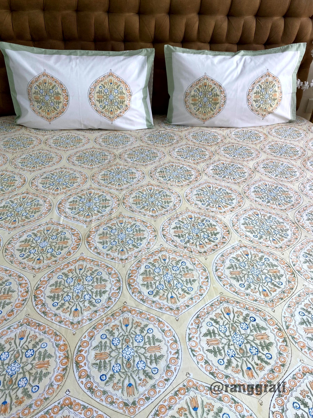 Pure Cotton Light Green Geometric Fitted Bedsheet King Size Hand Block