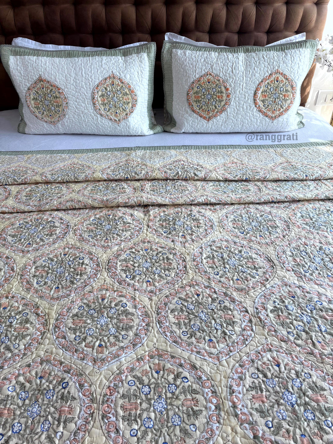 Light Green Geometric Mulmul Voile Quilted Bedcover 90 X 108