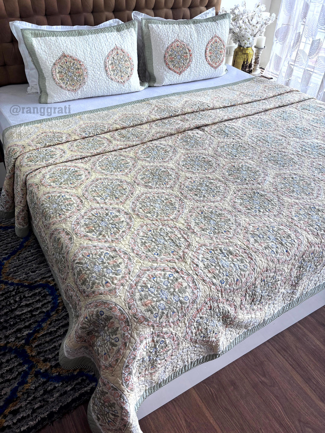 Light Green Geometric Mulmul Voile Quilted Bedcover King Size