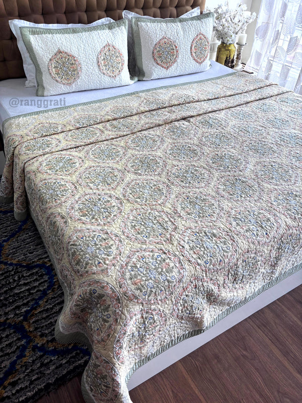 Light Green Geometric Mulmul Voile Quilted Bedcover King Size