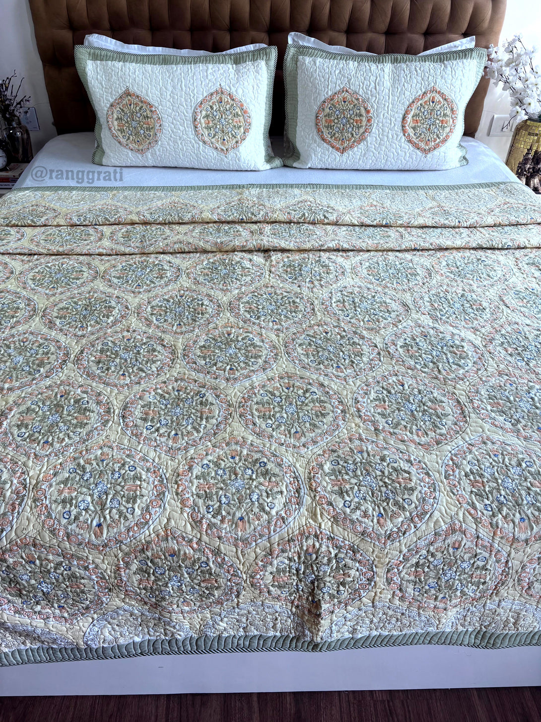 King Size Light Green Geometric Mulmul Voile Quilted Bedcover 