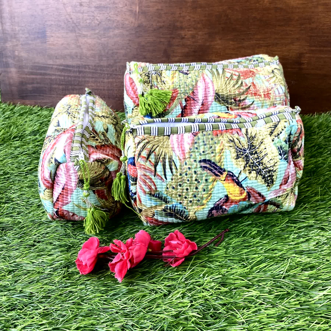 Light Green Peacock Quilted Travel Pouch Set of 3 - Pouch