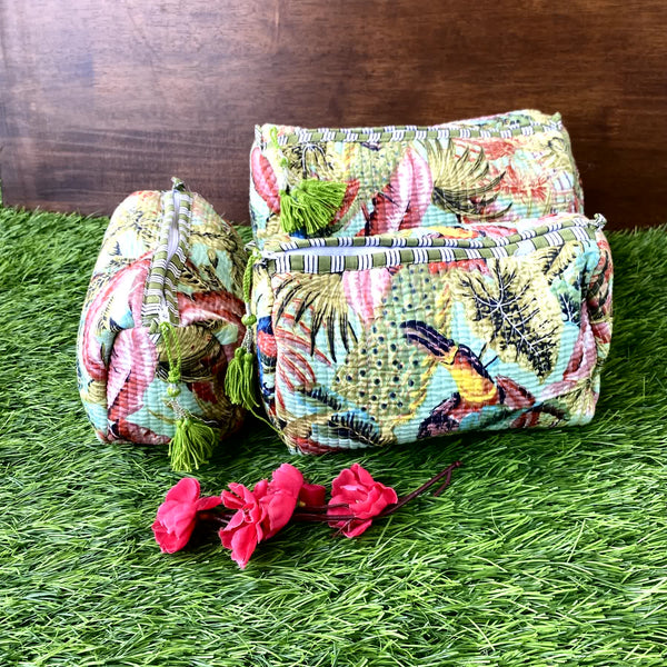 Light Green Peacock Quilted Travel Pouch Set of 3 - Pouch
