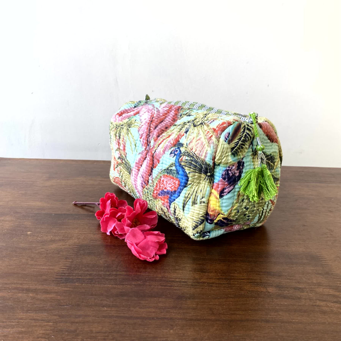 Light Green Peacock Quilted Travel Pouch Set of 3 - Pouch