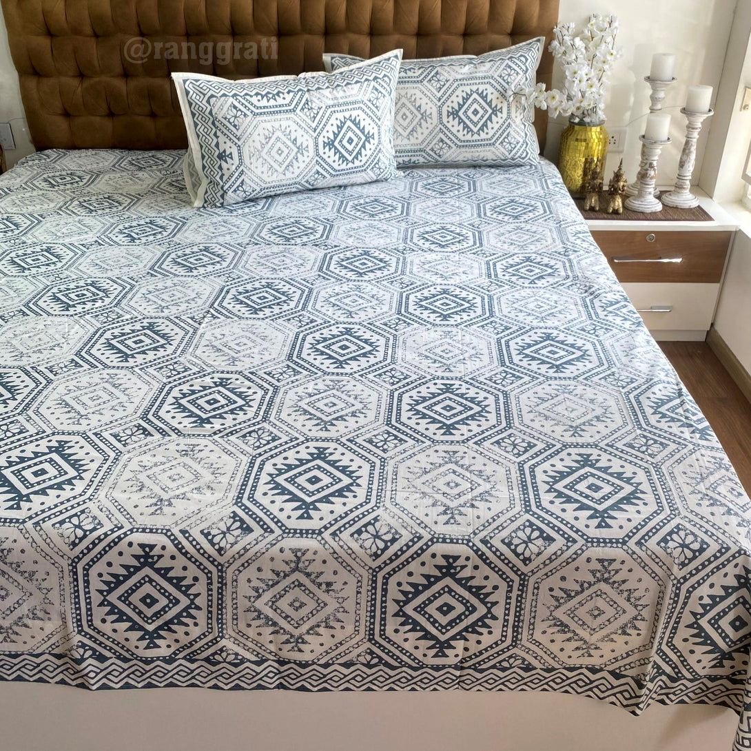 Light Grey Blue Geometric Cotton Bedsheet King Size For Double Bed - Bedsheet