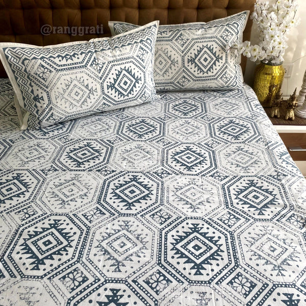 Light Grey Blue Geometric Cotton Bedsheet King Size For Double Bed - Bedsheet