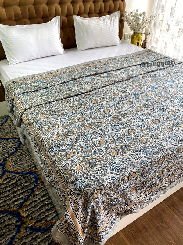 Light Grey Floral Dohar For Double Bed In Mulmul Cotton Reversible King Size