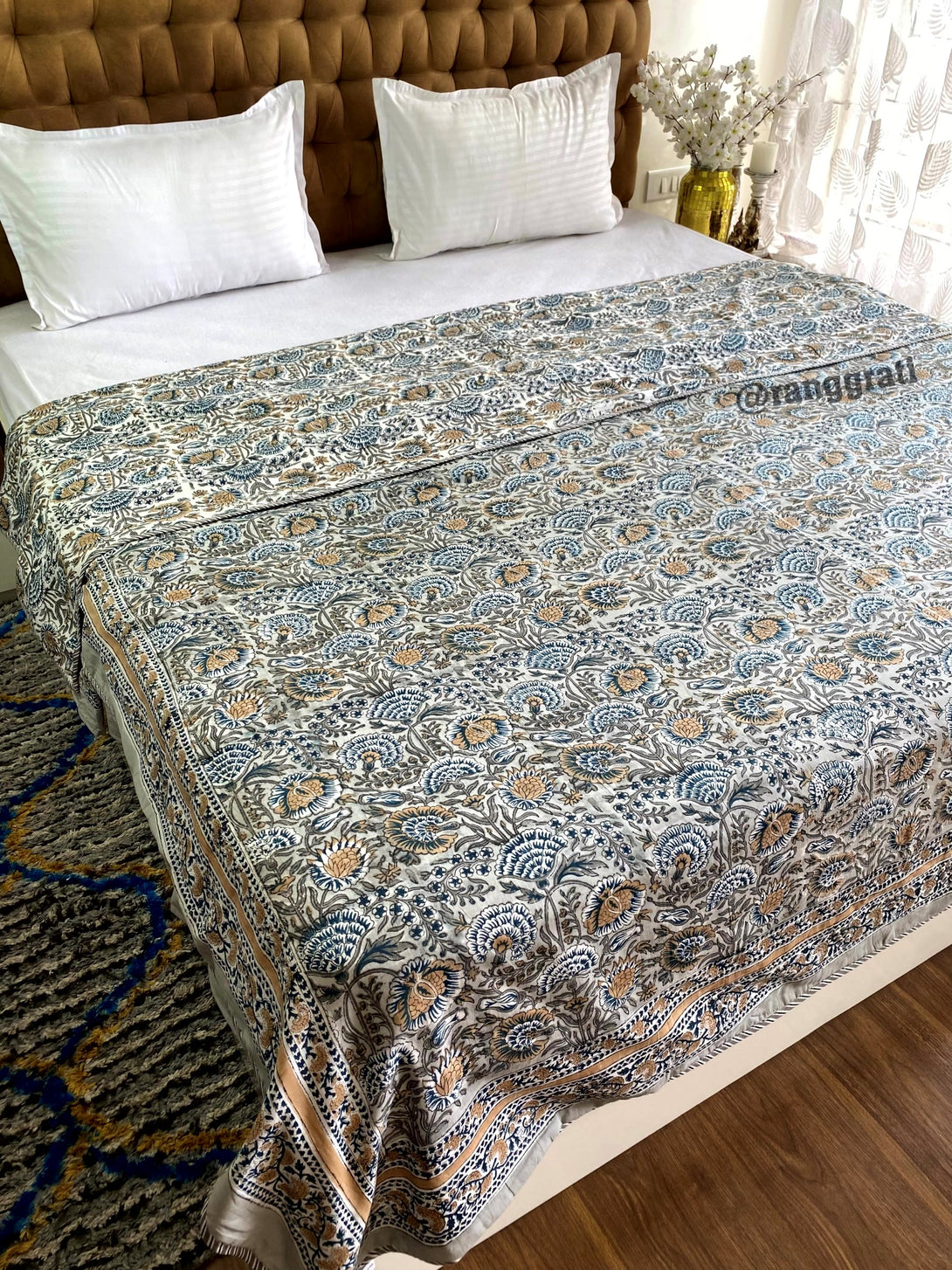 Mulmul Cotton Floral Dohar for Double Bed – Light Grey, Reversible