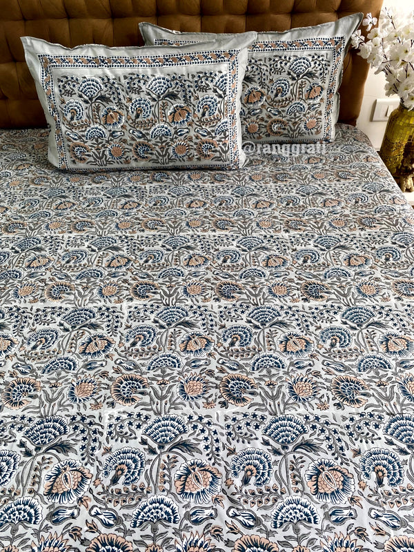 Light Grey Floral King Size 250 TC Bedsheet Pure Cotton Hand Block