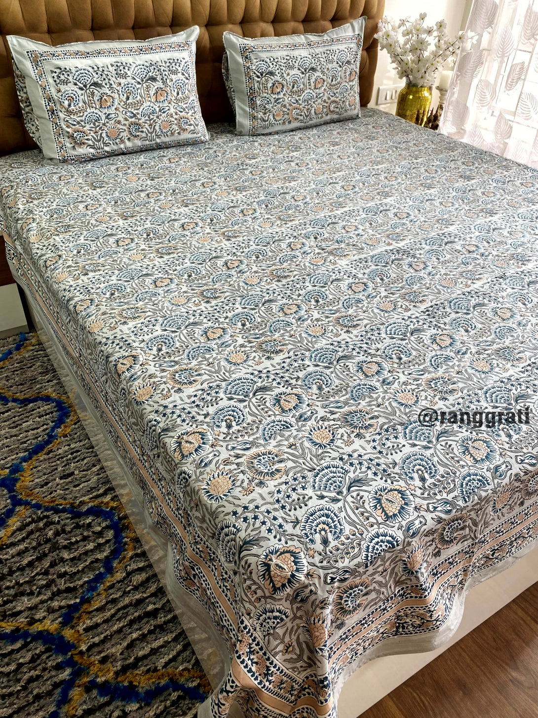 Pure Cotton Light Grey Floral King Size 250 TC Bedsheet Hand Block