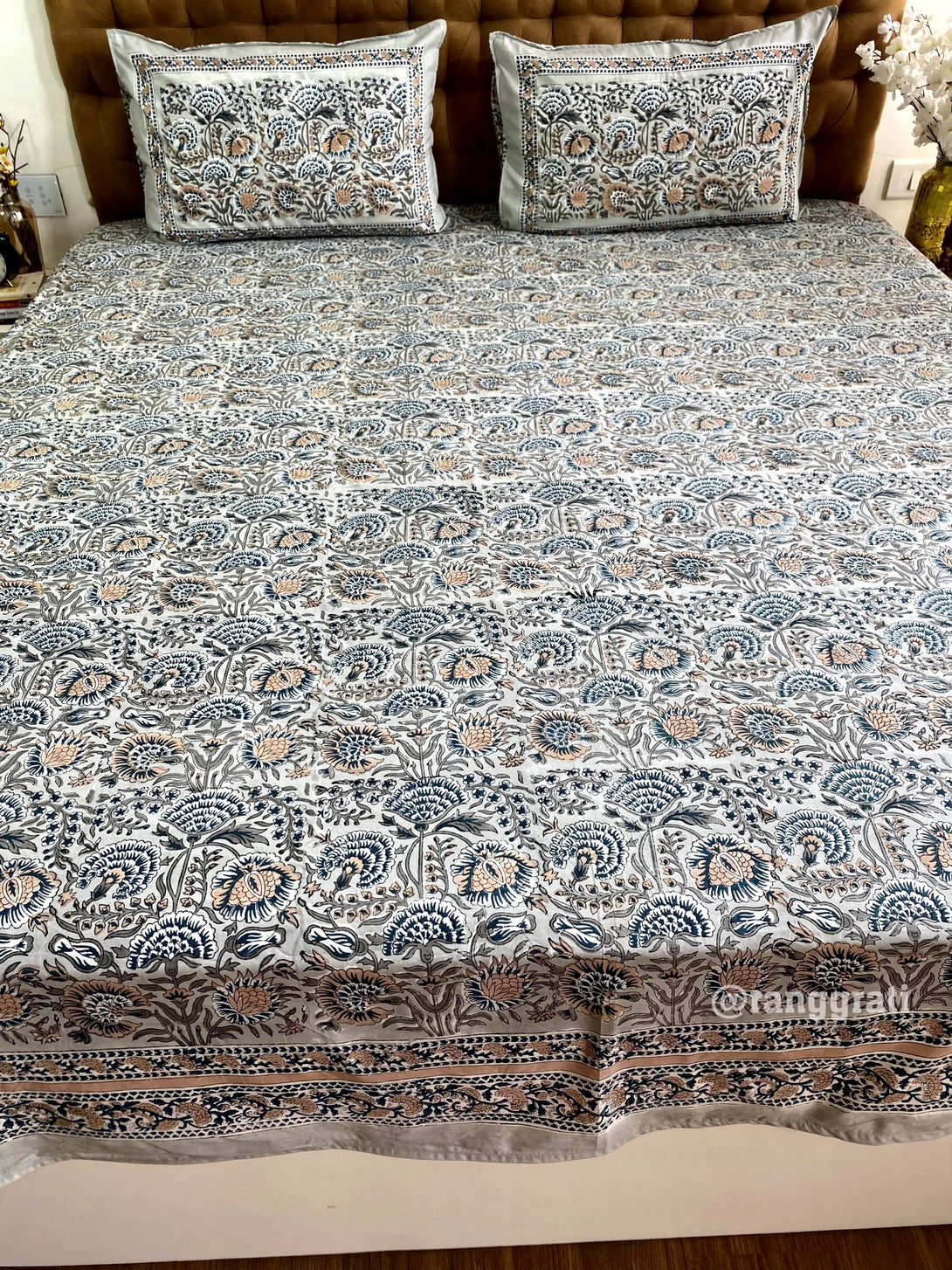 King Size Light Grey Floral 250 TC Bedsheet Pure Cotton Hand Block