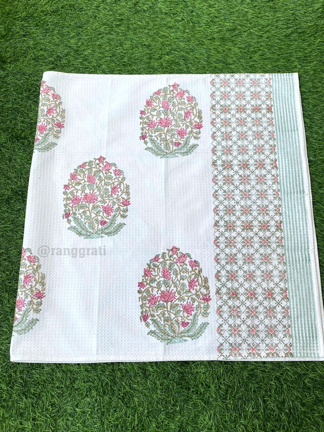 Light Pink Floral Body Towel Hand Block Printed Pure Cotton - Body Towel