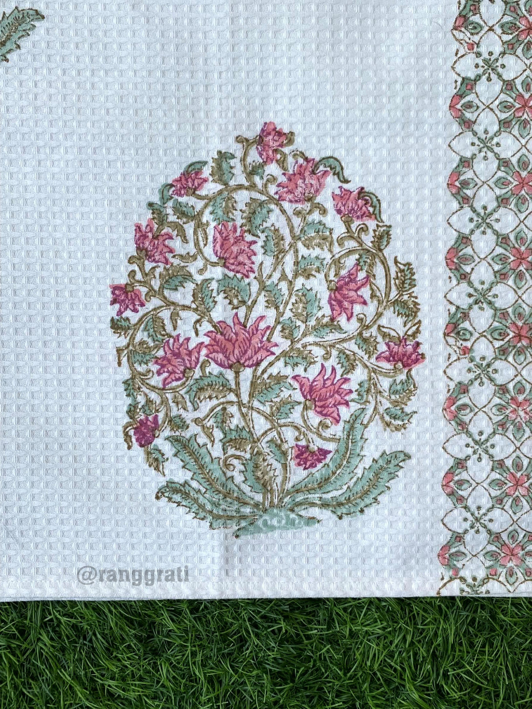 Light Pink Floral Body Towel Hand Block Printed Pure Cotton - Body Towel