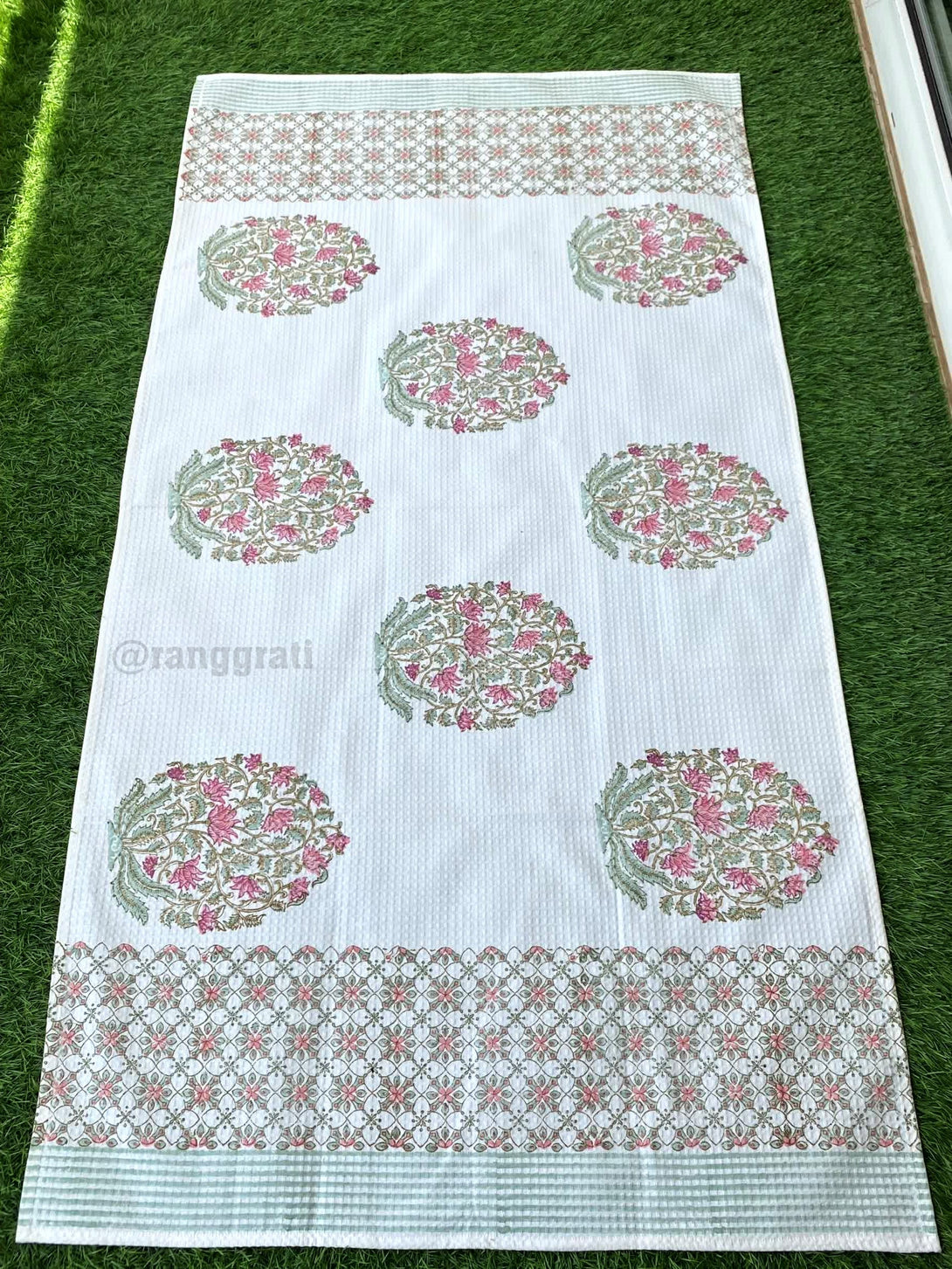 Light Pink Floral Body Towel Hand Block Printed Pure Cotton - Body Towel