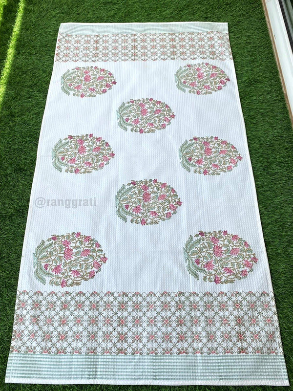 Light Pink Floral Body Towel Hand Block Printed Pure Cotton - Body Towel