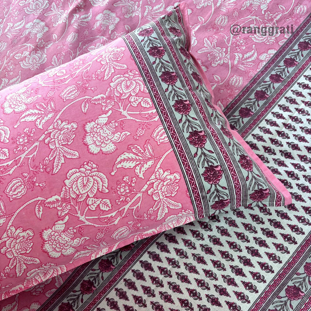 Light Pink Floral Jaipuri Cotton Bedsheet King Size - Bedsheet