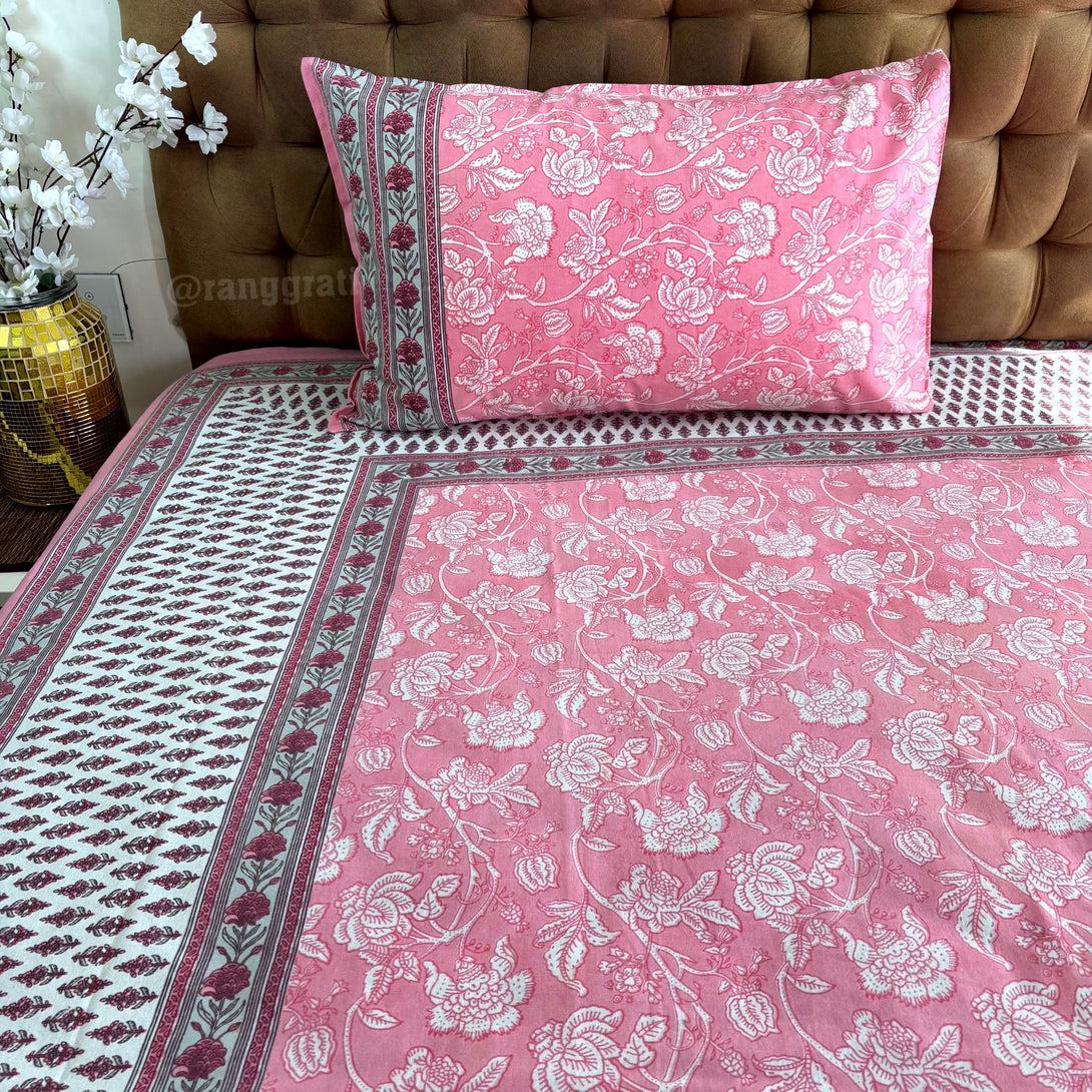 Light Pink Floral Jaipuri Cotton Bedsheet King Size - Bedsheet