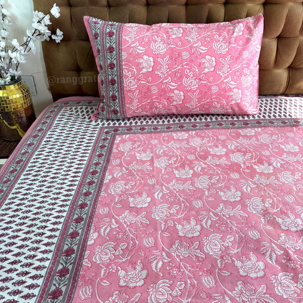 Light Pink Floral Jaipuri Cotton Bedsheet King Size - Bedsheet