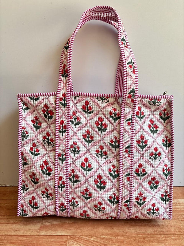 Light Pink Red Floral Tote Bag Quilted Hand Block Printed In Cotton With Zip