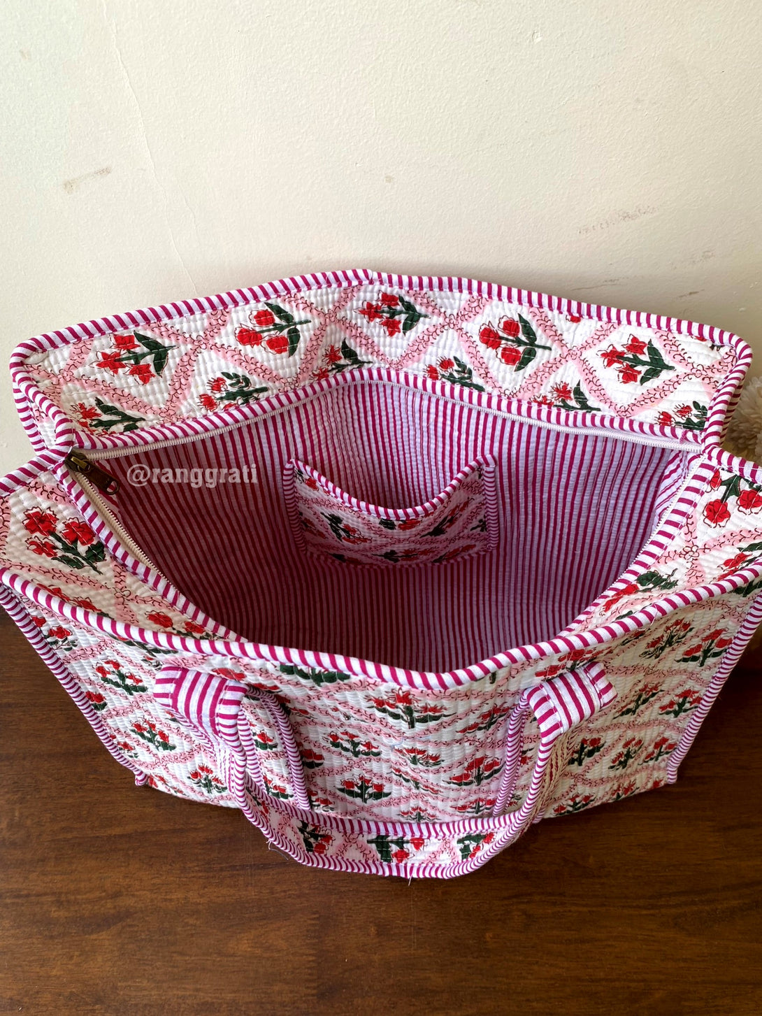 Light Pink Red Floral Tote Bag Quilted