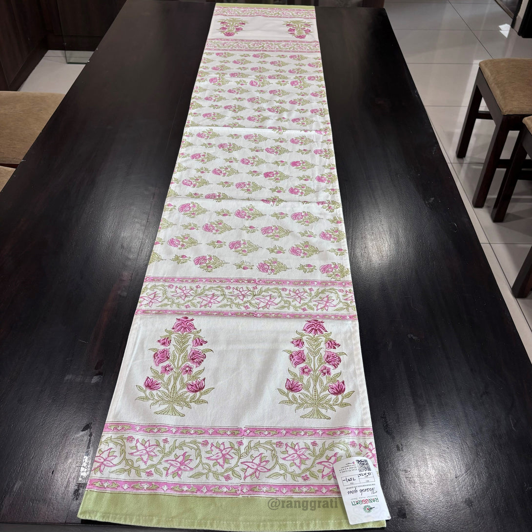 Magenta Floral Block Print Cotton Table Runner 6 Seater Dining Table - Table Runner