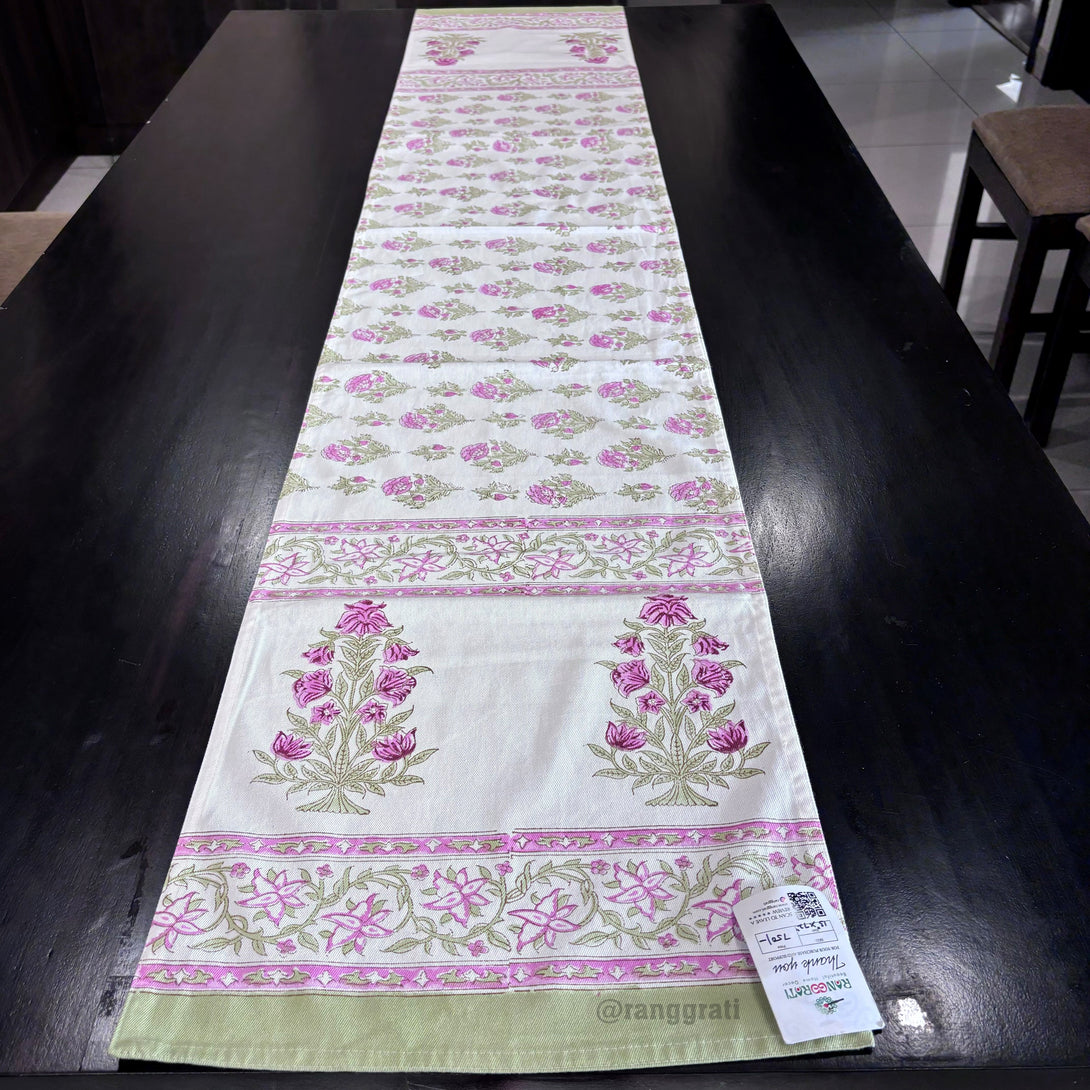 Magenta Floral Block Print Cotton Table Runner 6 Seater Dining Table - Table Runner