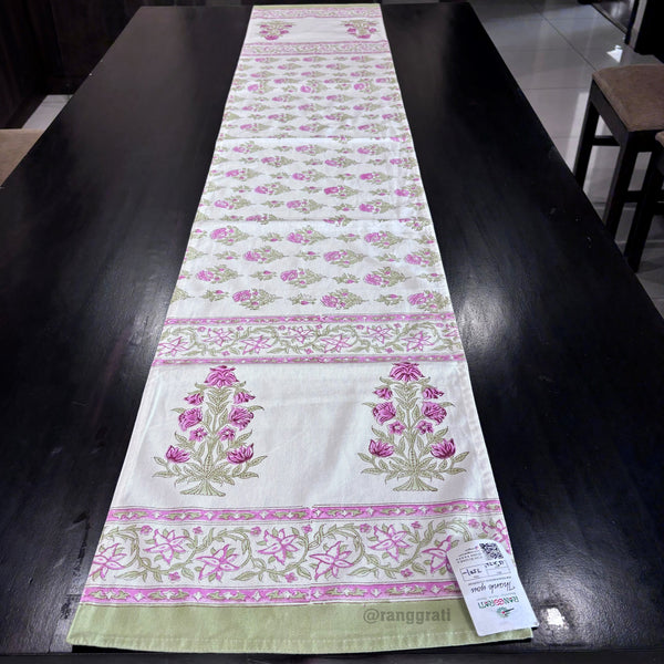 Magenta Floral Block Print Cotton Table Runner 6 Seater Dining Table - Table Runner