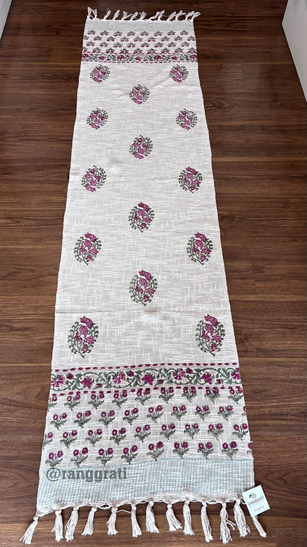 Magenta Floral Jute Cotton Table Runner Hand Block Print For 6 Seater Dining Table