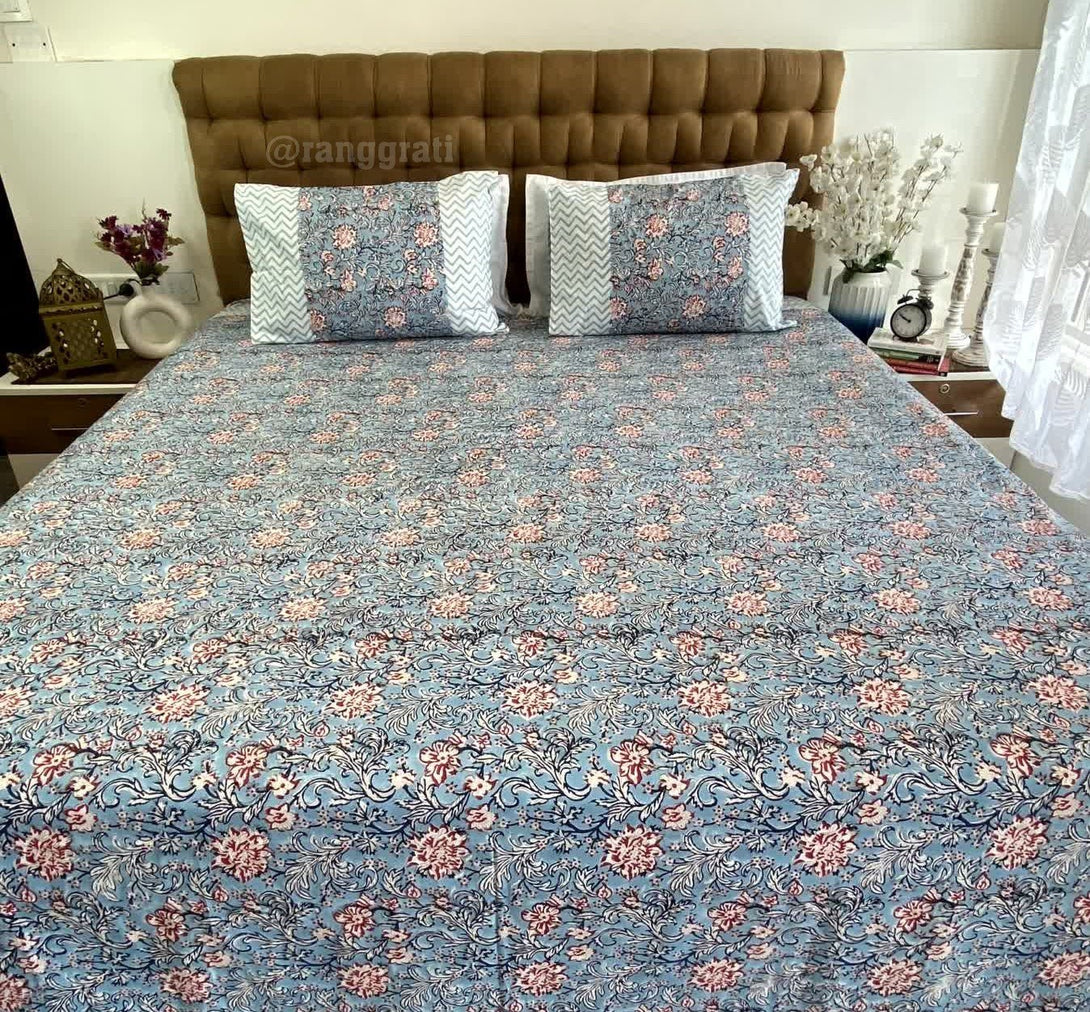 Manatee Grey Floral Super King Size 250 TC Bedsheet Cotton Hand Block - Bedsheet