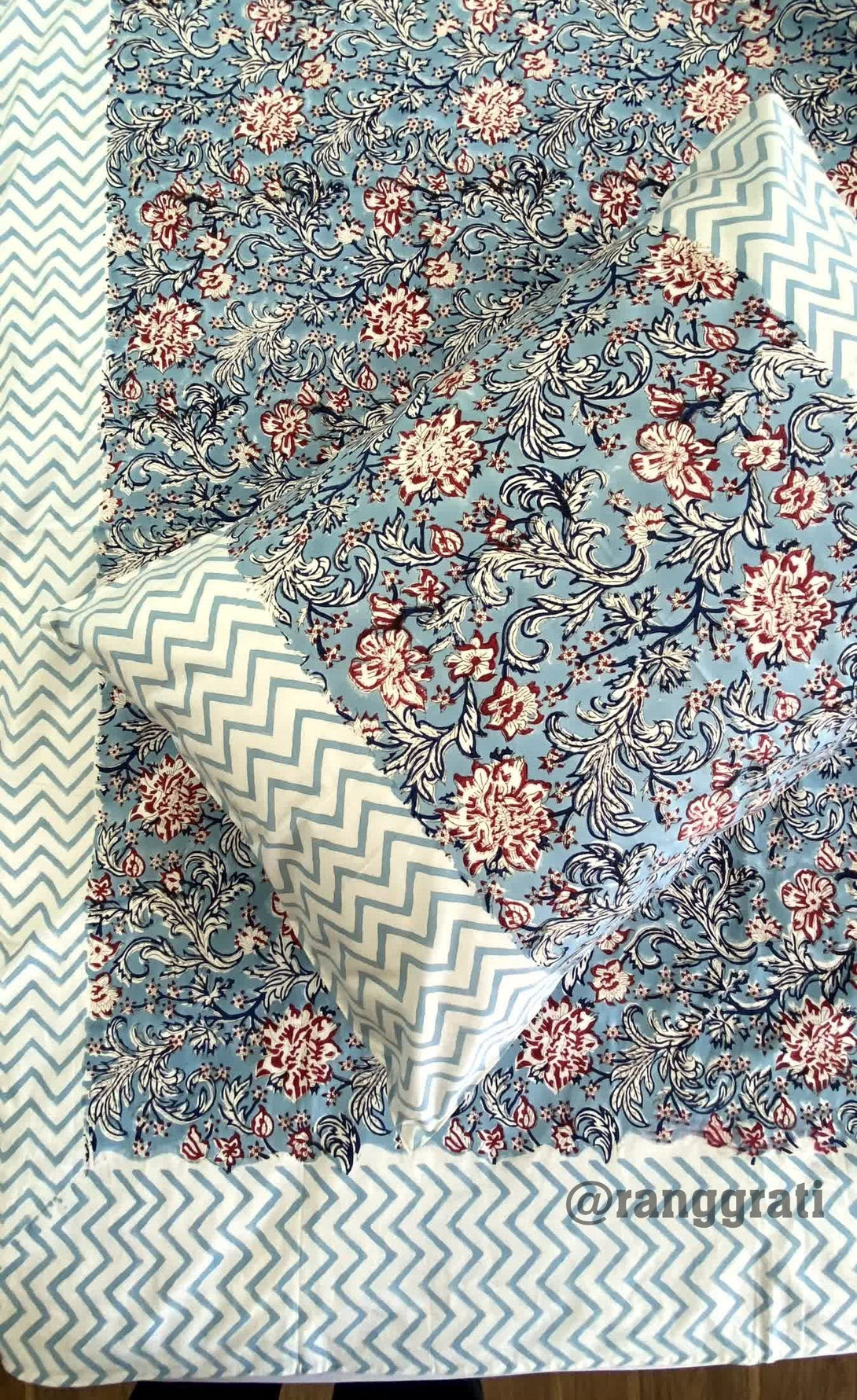Manatee Grey Floral Super King Size 250 TC Bedsheet Cotton Hand Block - Bedsheet