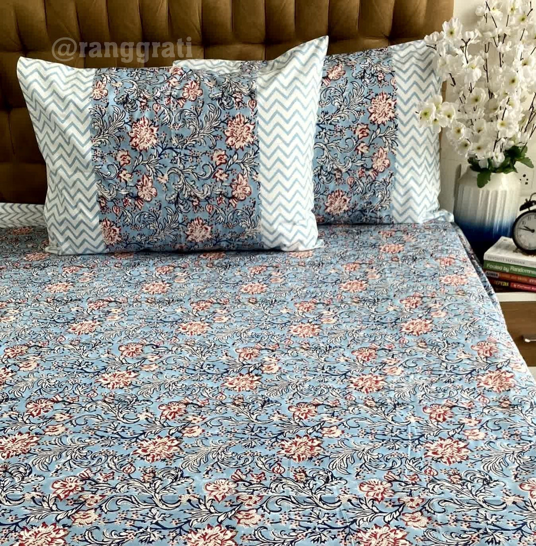 Manatee Grey Floral Super King Size 250 TC Bedsheet Cotton Hand Block - Bedsheet