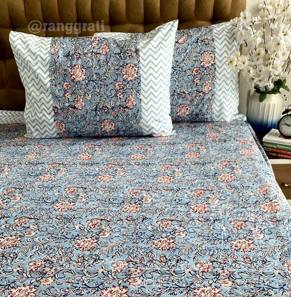 Manatee Grey Floral Super King Size 250 TC Bedsheet Cotton Hand Block - Bedsheet