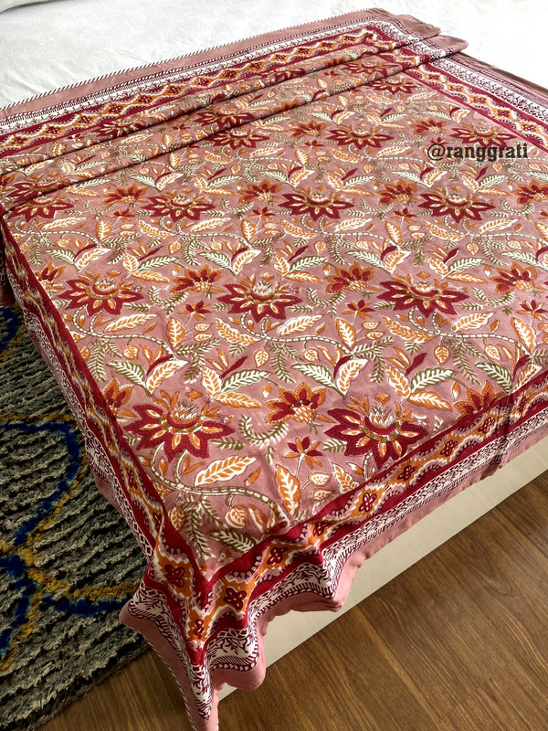 Maroon Brown Floral Dohar For Single Bed In Mulmul Cotton Reversible