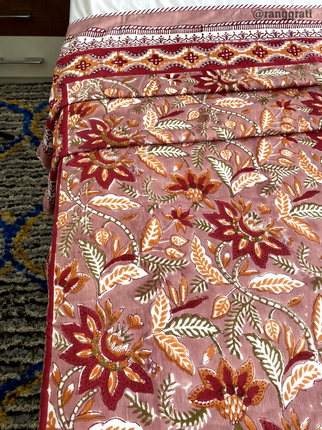 Maroon Brown Floral Dohar In Mulmul Cotton Reversible For Single Bed 