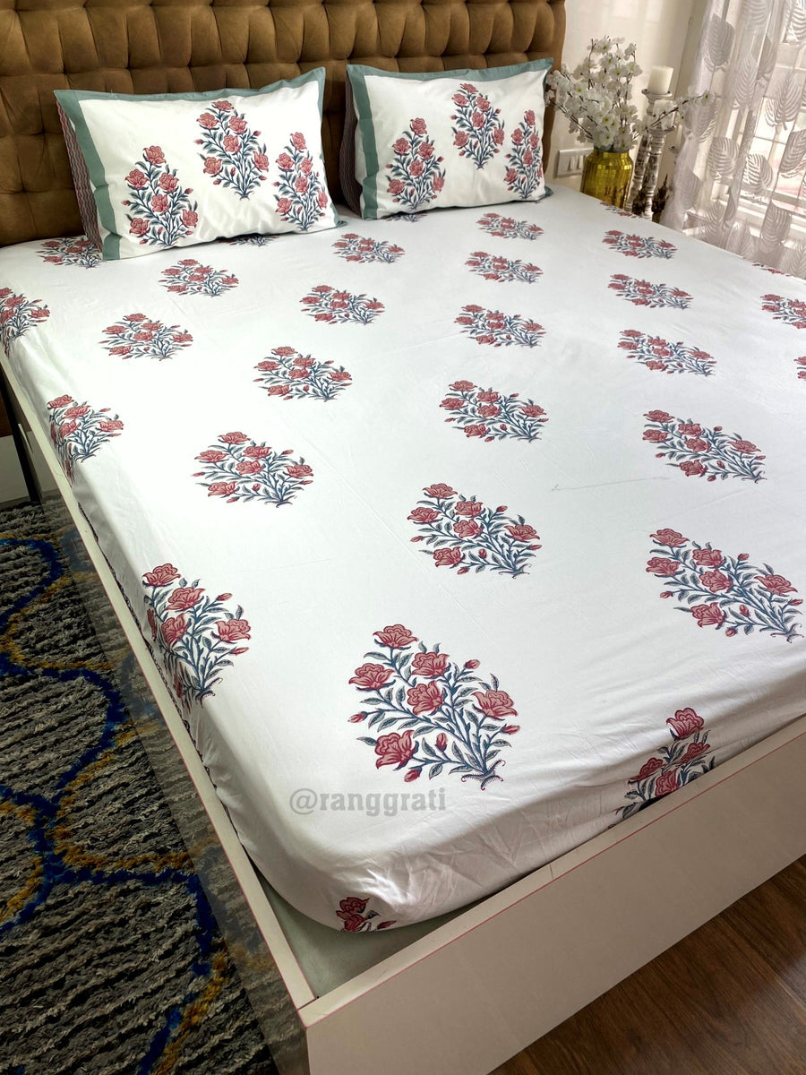 Maroon Floral Cotton Elastic Fitted Bedsheet King Size Hand Block