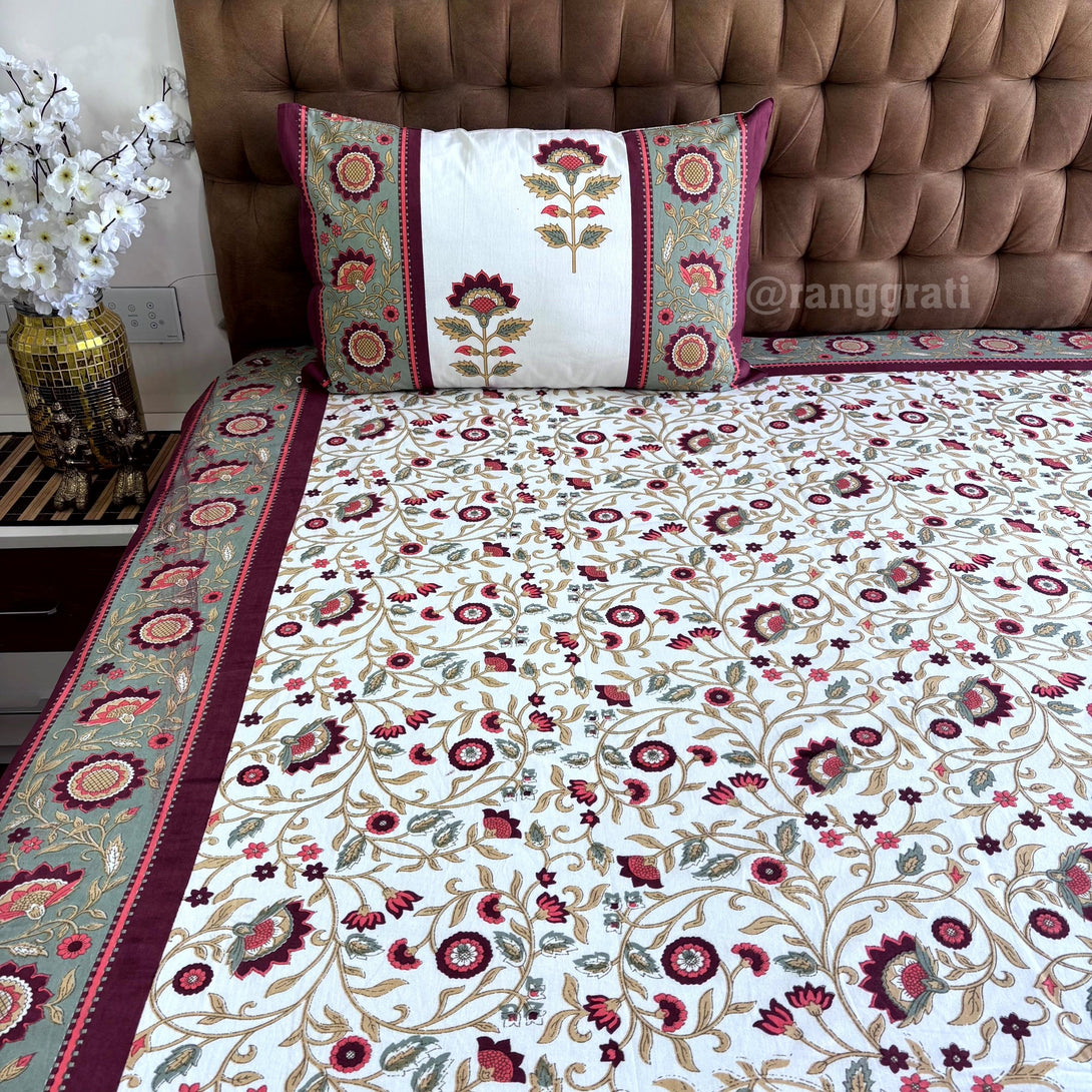 Maroon Floral Jaipuri Cotton Bedsheet King Size - Bedsheet