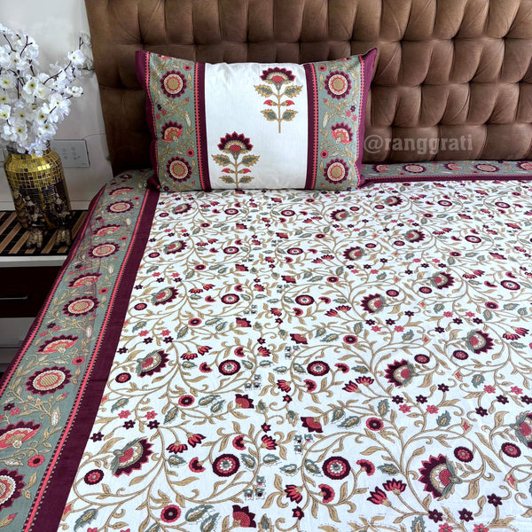 Maroon Floral Jaipuri Cotton Bedsheet King Size - Bedsheet