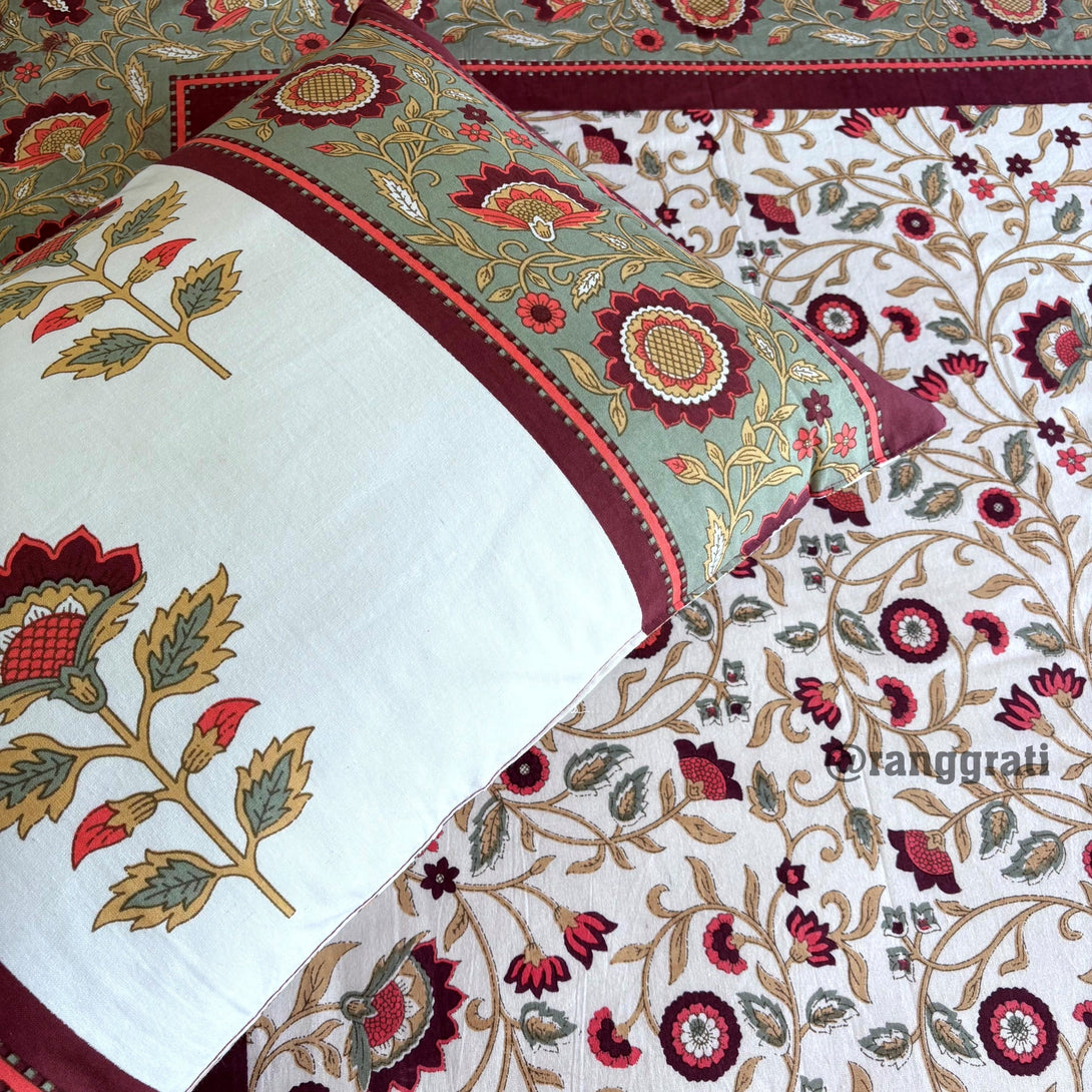 Maroon Floral Jaipuri Cotton Bedsheet King Size - Bedsheet