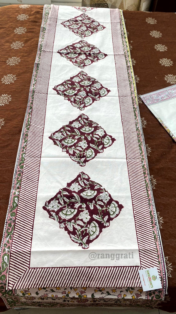 Maroon Floral Table Runner 8 Seater Dining Table Block Print - Table Runner
