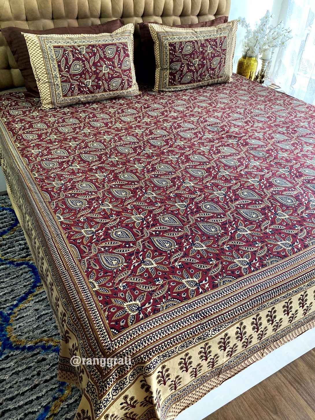 King size Maroon Paisley Jaipuri Cotton Bedsheet 