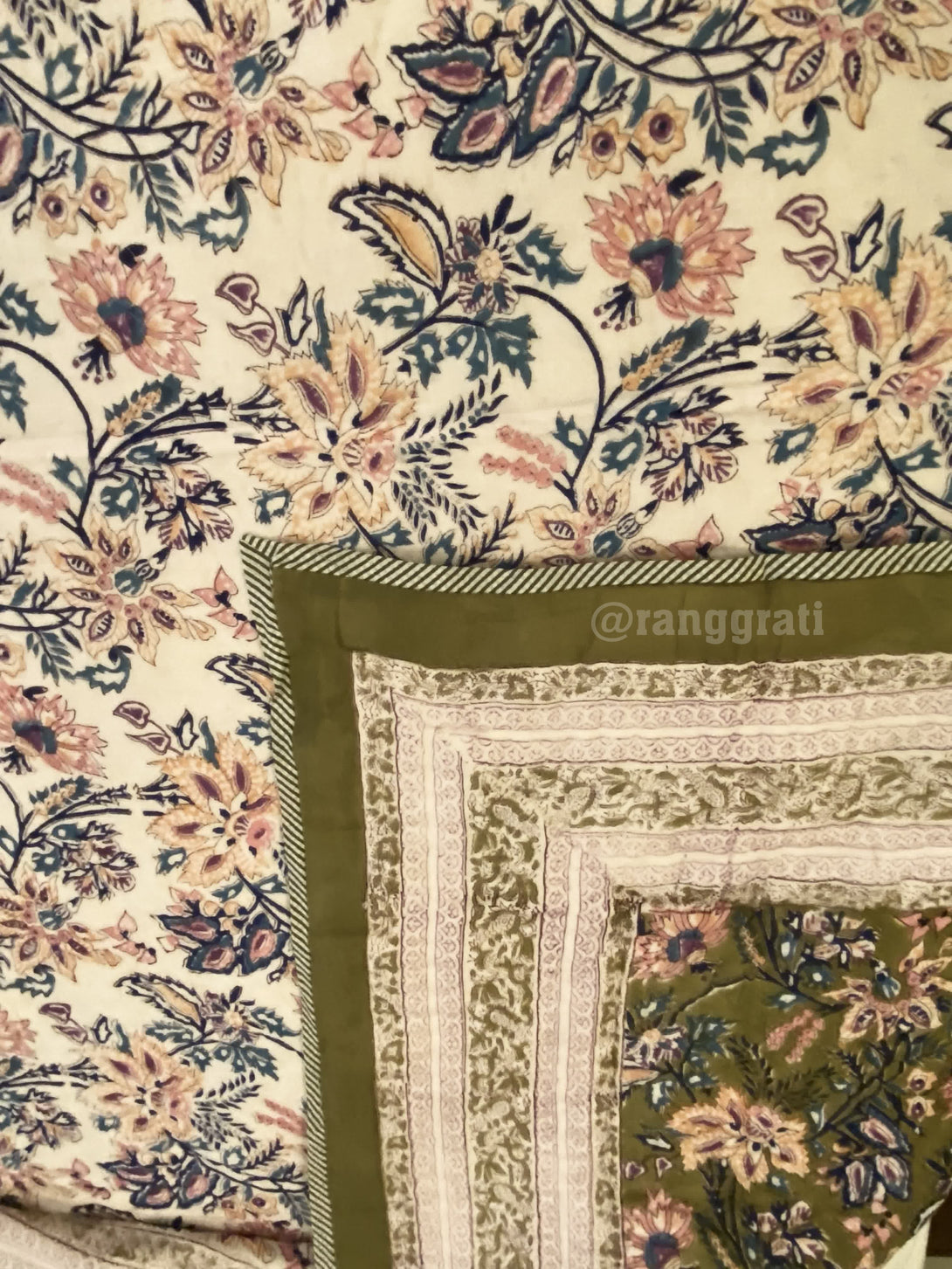 King Size Mehndi Green Floral Double  Razai / Quilt Cotton Hand Block Jaipuri