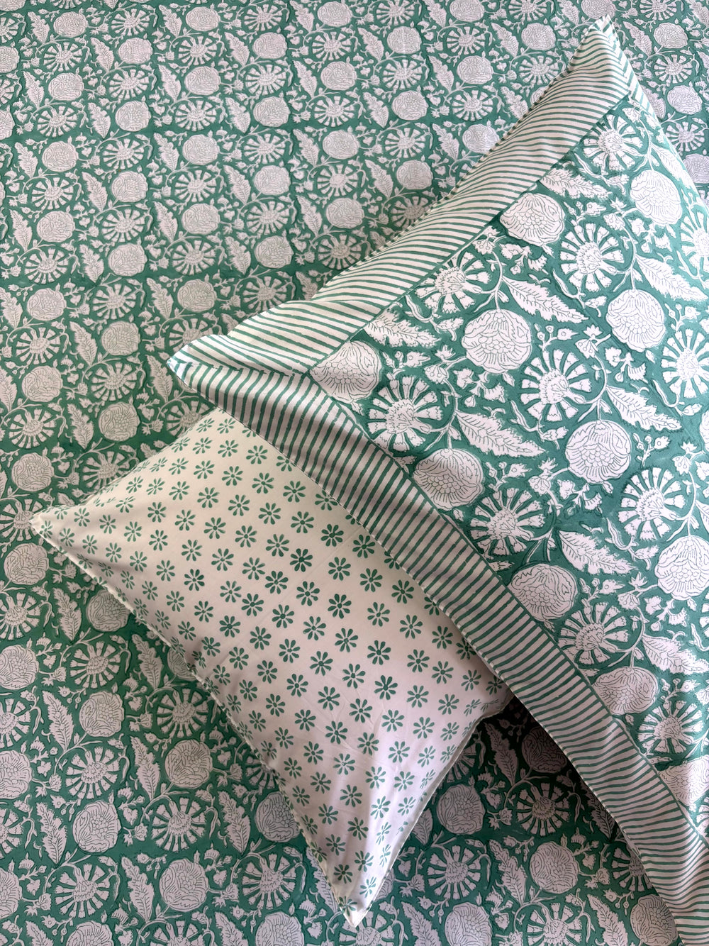 Mint sage floral Gadh hand block printed percale cotton bedsheet, super king 108x108